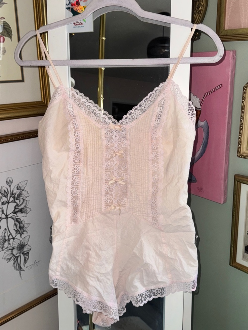 Vintage Pale Pink Lace-Trim Chemise Romper from the 80s